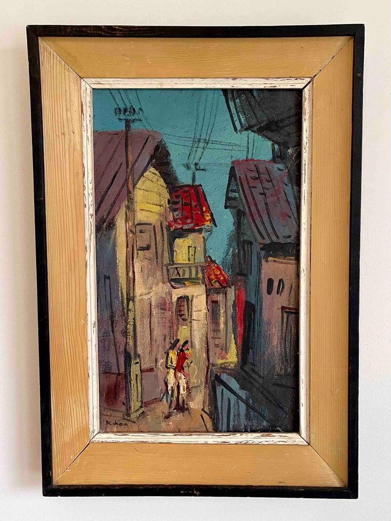 1950s Modern Figurative Town Scene Oil Painting by Kihoa