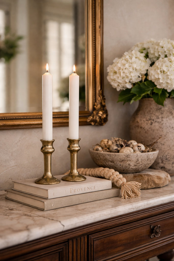 Antique Brass Hand-Spun Candlesticks With Natural Verdigris, Early 20th Century