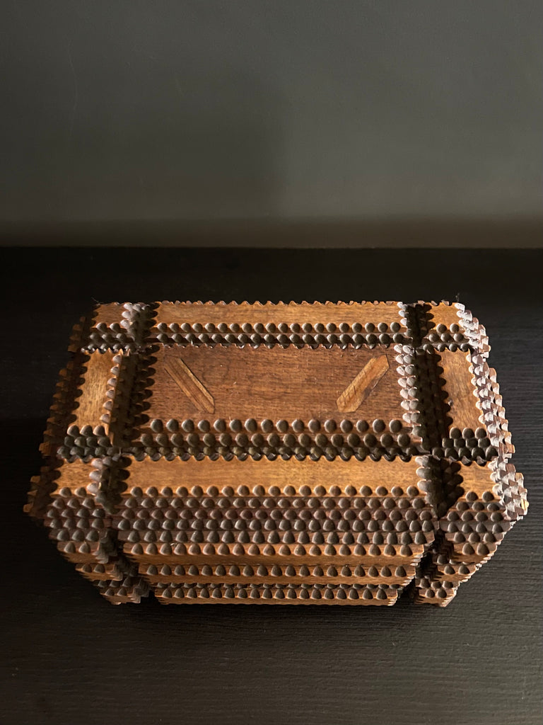 Early 20th Century Tramp Art Jewelry Box With Mirrored Interior Lid