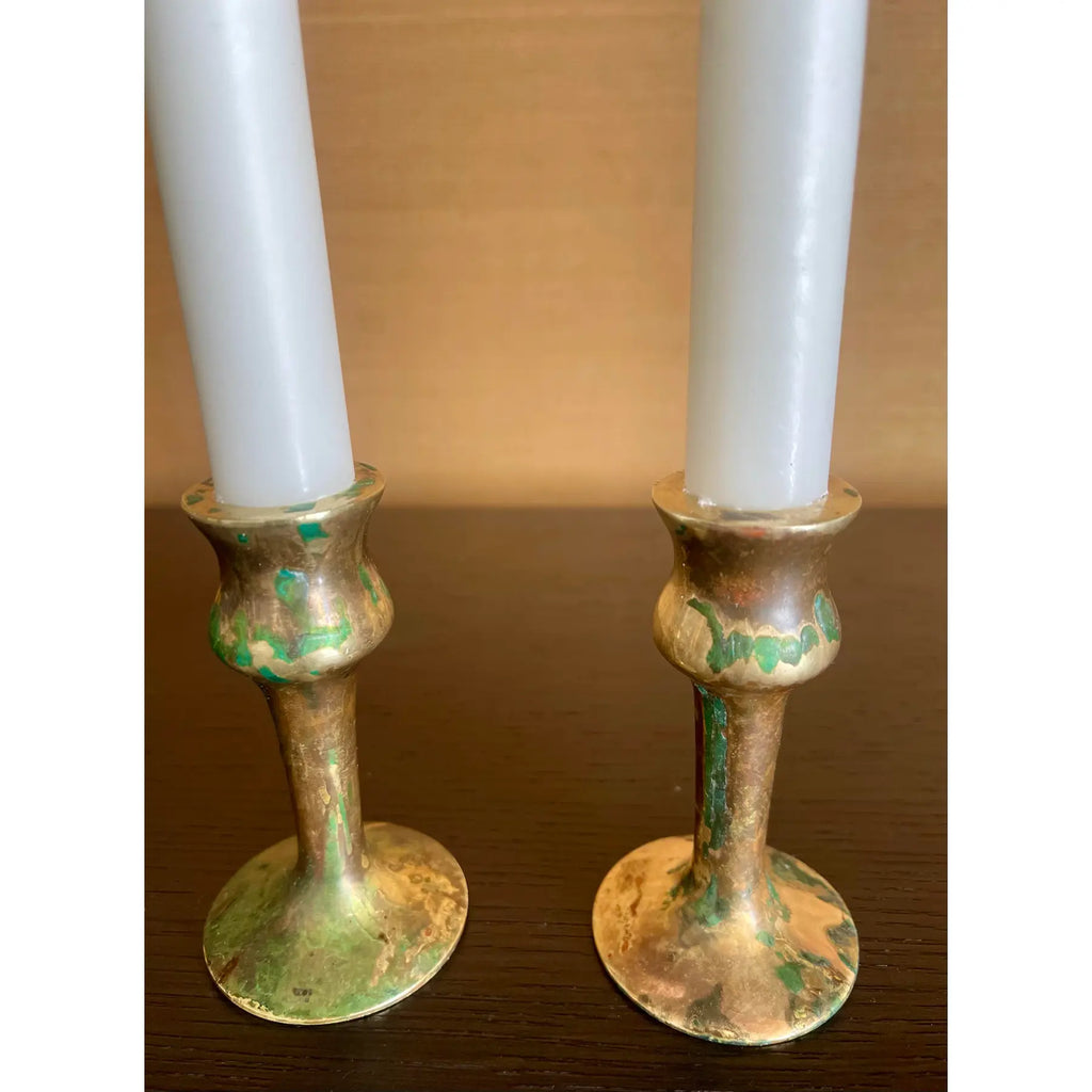 Antique Brass Hand-Spun Candlesticks With Natural Verdigris, Early 20th Century