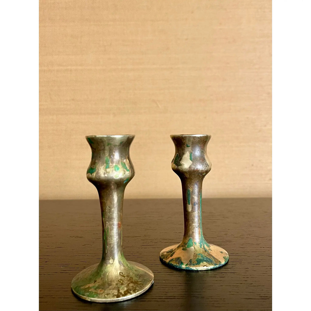 Antique Brass Hand-Spun Candlesticks With Natural Verdigris, Early 20th Century
