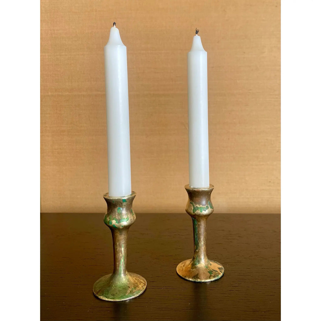 Antique Brass Hand-Spun Candlesticks With Natural Verdigris, Early 20th Century