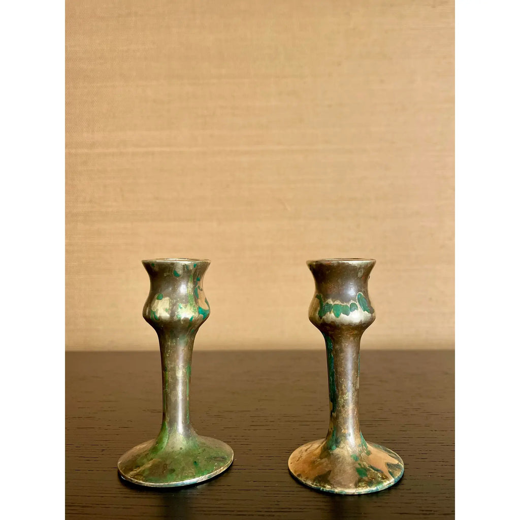 Antique Brass Hand-Spun Candlesticks With Natural Verdigris, Early 20th Century