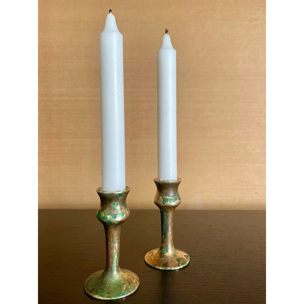Antique Brass Hand-Spun Candlesticks With Natural Verdigris, Early 20th Century