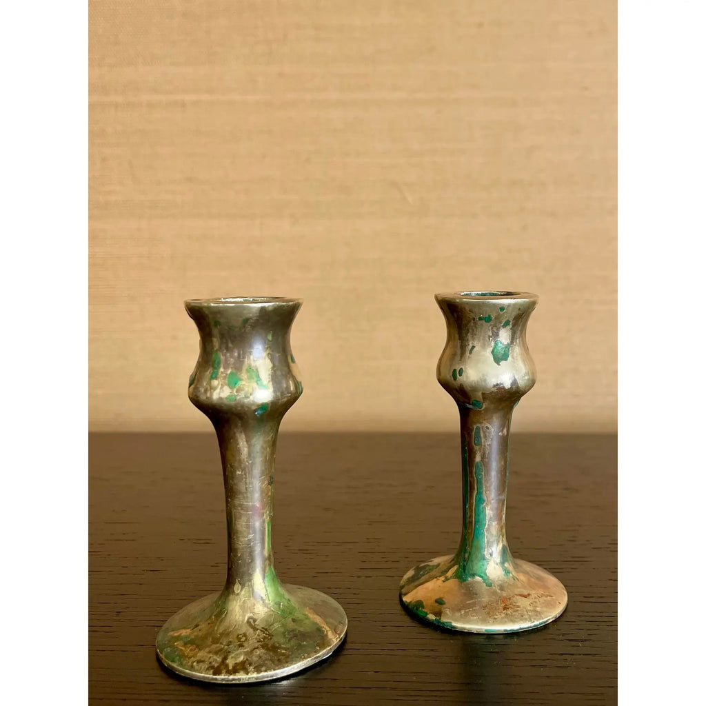 Antique Brass Hand-Spun Candlesticks With Natural Verdigris, Early 20th Century