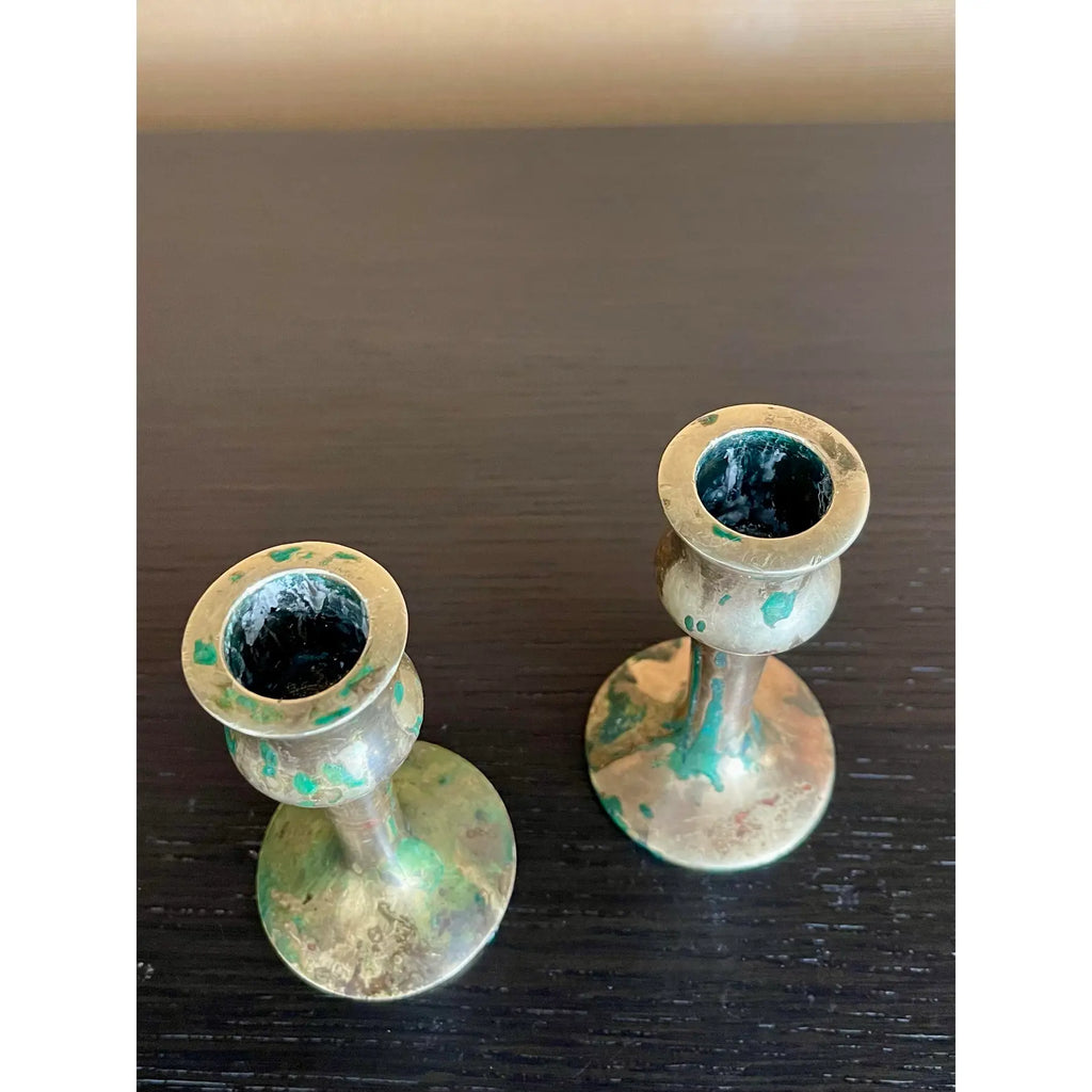 Antique Brass Hand-Spun Candlesticks With Natural Verdigris, Early 20th Century