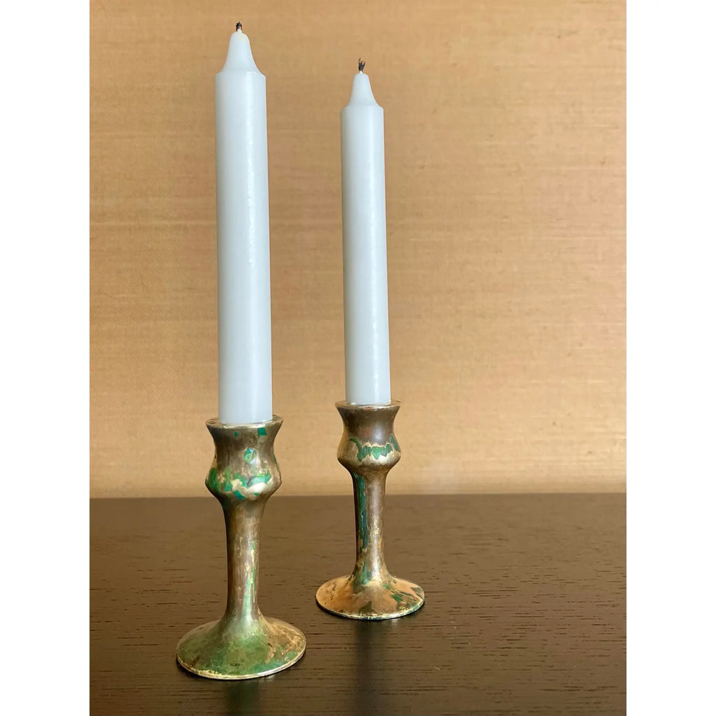 Antique Brass Hand-Spun Candlesticks With Natural Verdigris, Early 20th Century