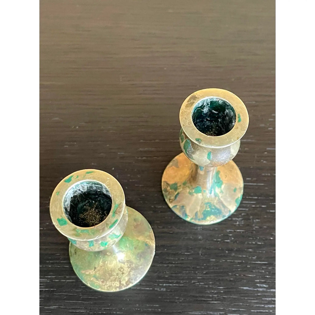 Antique Brass Hand-Spun Candlesticks With Natural Verdigris, Early 20th Century