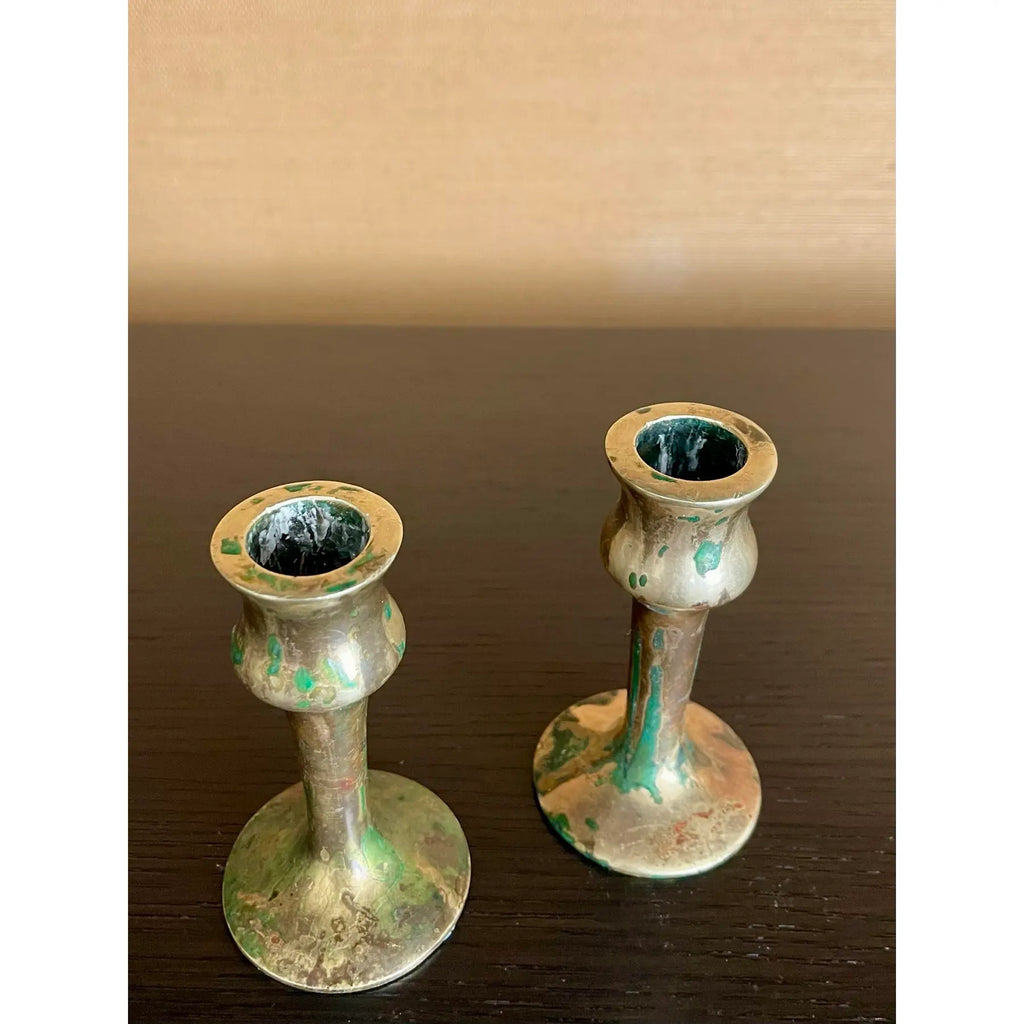 Antique Brass Hand-Spun Candlesticks With Natural Verdigris, Early 20th Century