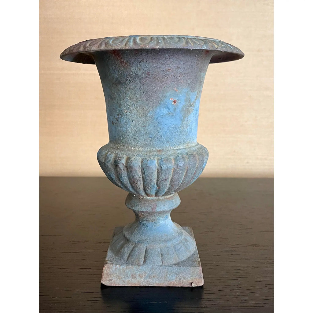 Antique French Cast Iron Urn in Aged Verdigris Patina