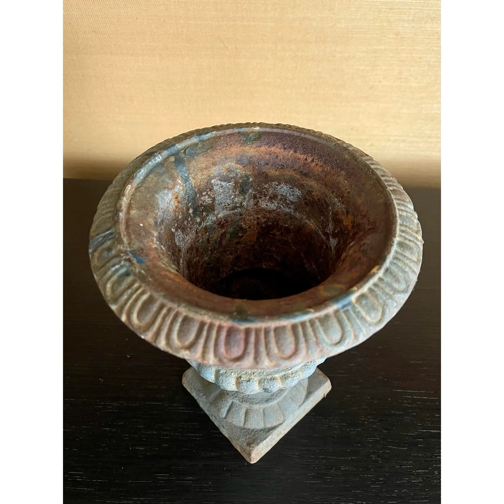 Antique French Cast Iron Urn in Aged Verdigris Patina