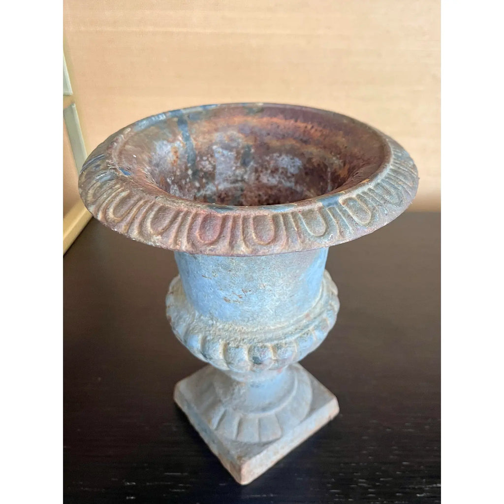 Antique French Cast Iron Urn in Aged Verdigris Patina