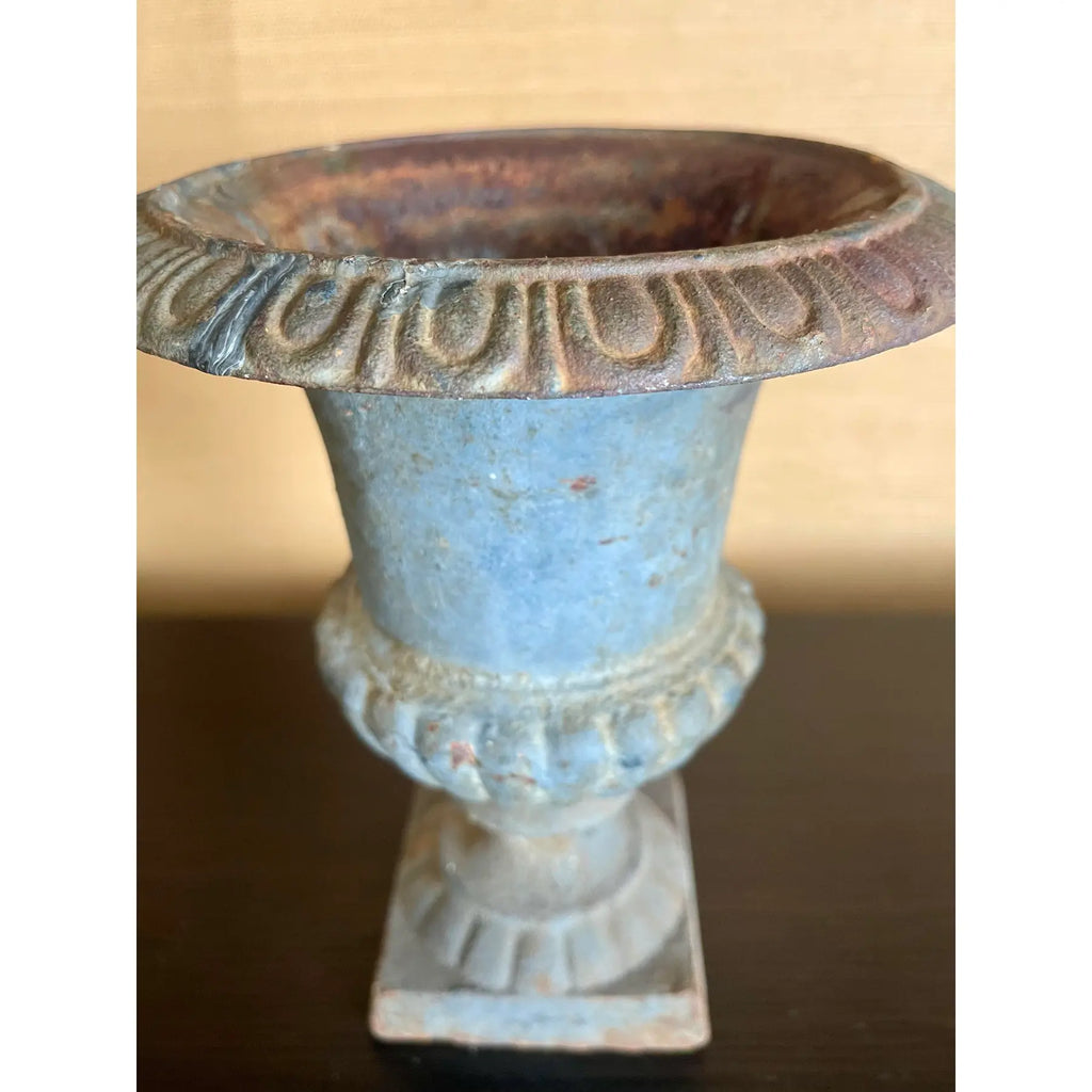 Antique French Cast Iron Urn in Aged Verdigris Patina