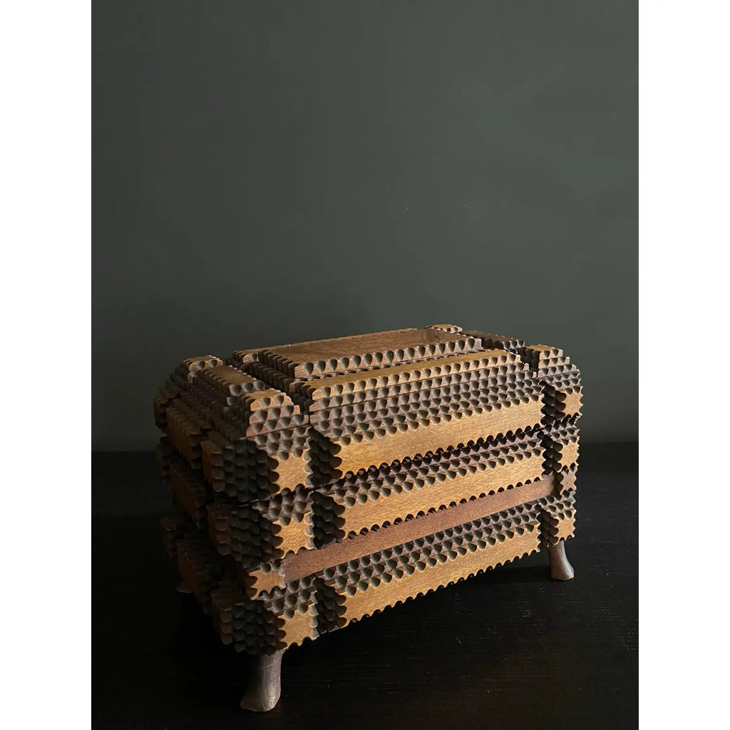Early 20th Century Tramp Art Jewelry Box With Mirrored Interior Lid