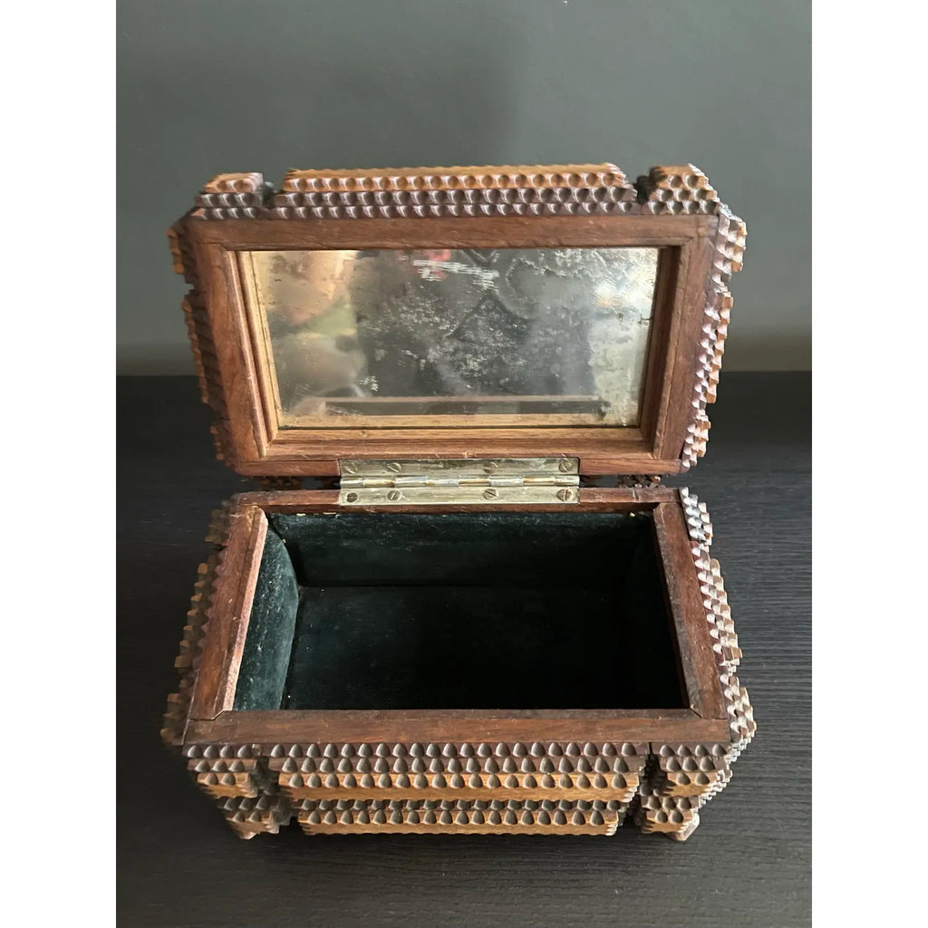 Early 20th Century Tramp Art Jewelry Box With Mirrored Interior Lid