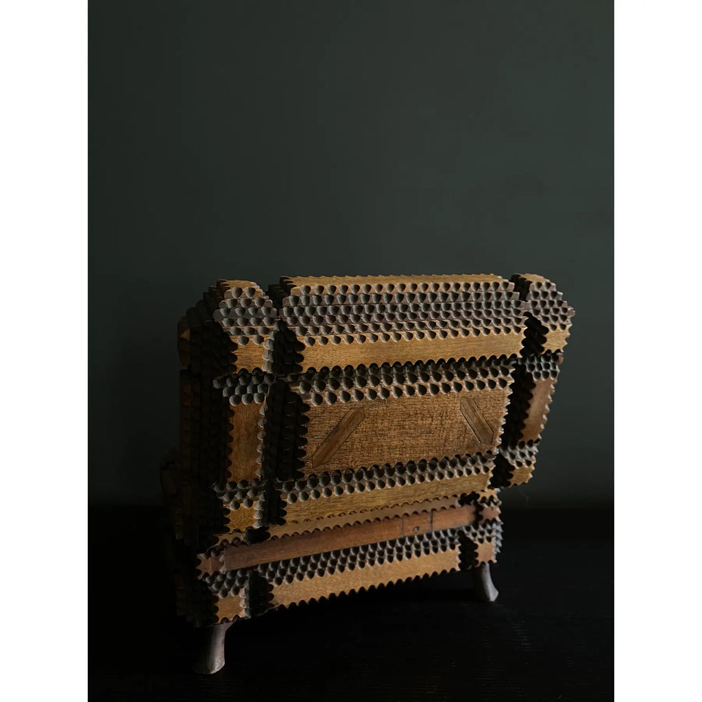 Early 20th Century Tramp Art Jewelry Box With Mirrored Interior Lid
