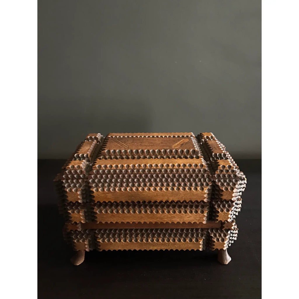 Early 20th Century Tramp Art Jewelry Box With Mirrored Interior Lid