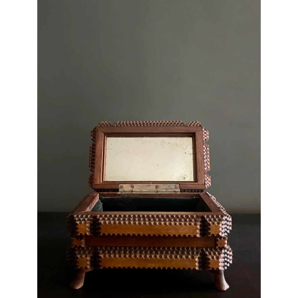 Early 20th Century Tramp Art Jewelry Box With Mirrored Interior Lid