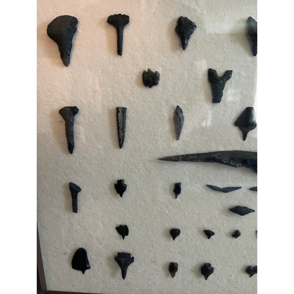 Framed Native American Obsidian & Dacite Arrowhead and Tool Collection