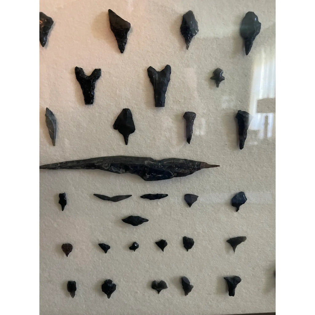 Framed Native American Obsidian & Dacite Arrowhead and Tool Collection