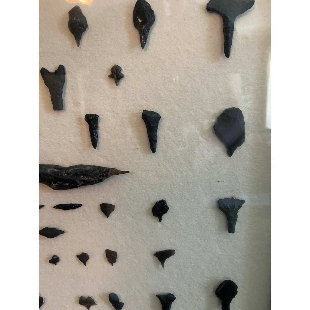 Framed Native American Obsidian & Dacite Arrowhead and Tool Collection