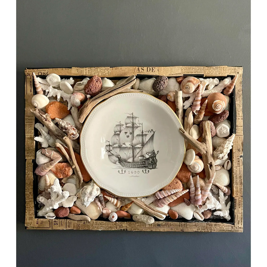 Vintage Maritime Shadowbox With Shells & Porcelain Galleon Plate