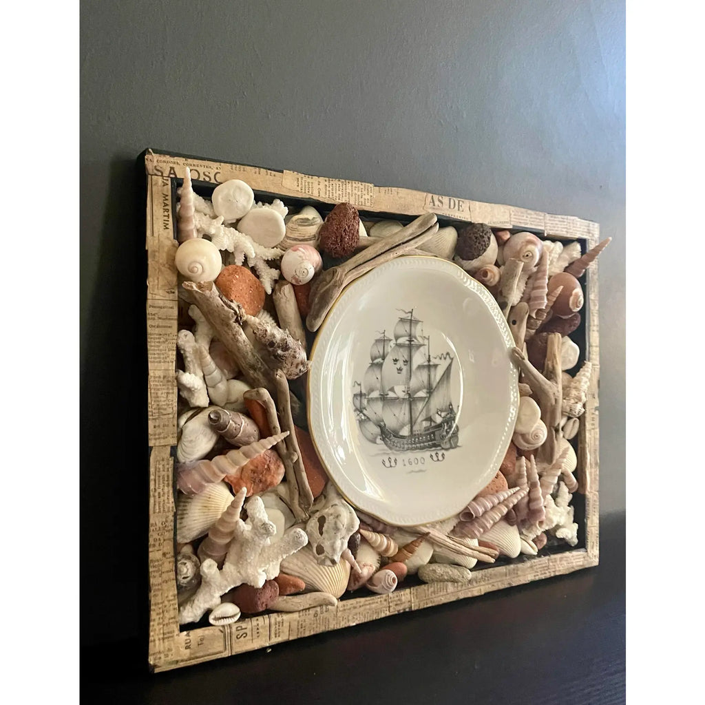 Vintage Maritime Shadowbox With Shells & Porcelain Galleon Plate
