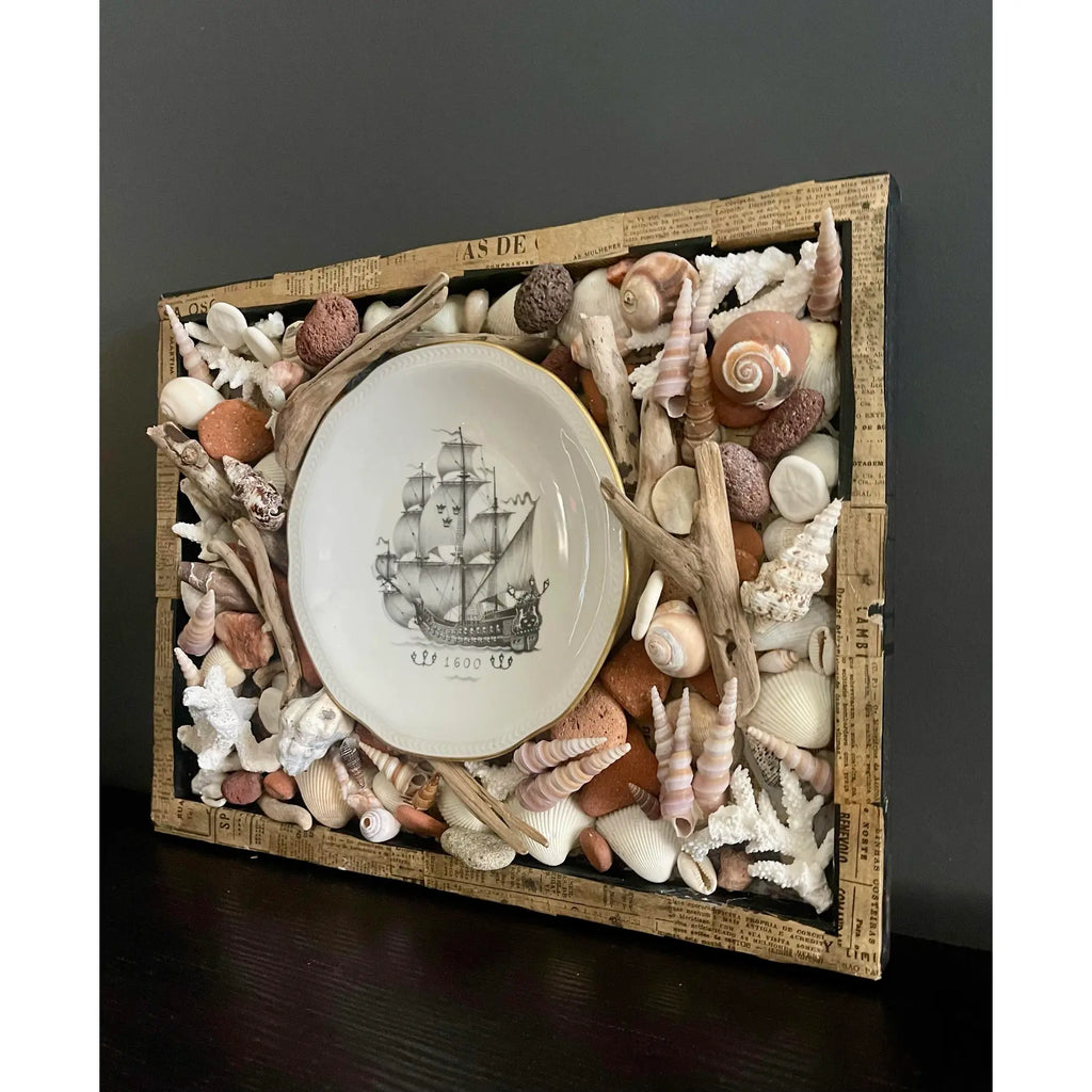 Vintage Maritime Shadowbox With Shells & Porcelain Galleon Plate