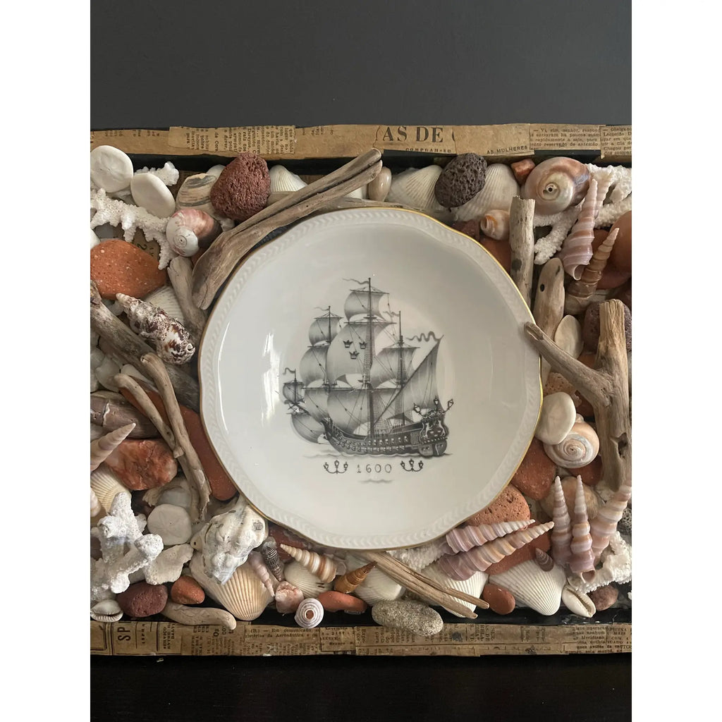 Vintage Maritime Shadowbox With Shells & Porcelain Galleon Plate