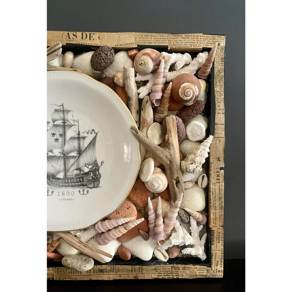 Vintage Maritime Shadowbox With Shells & Porcelain Galleon Plate