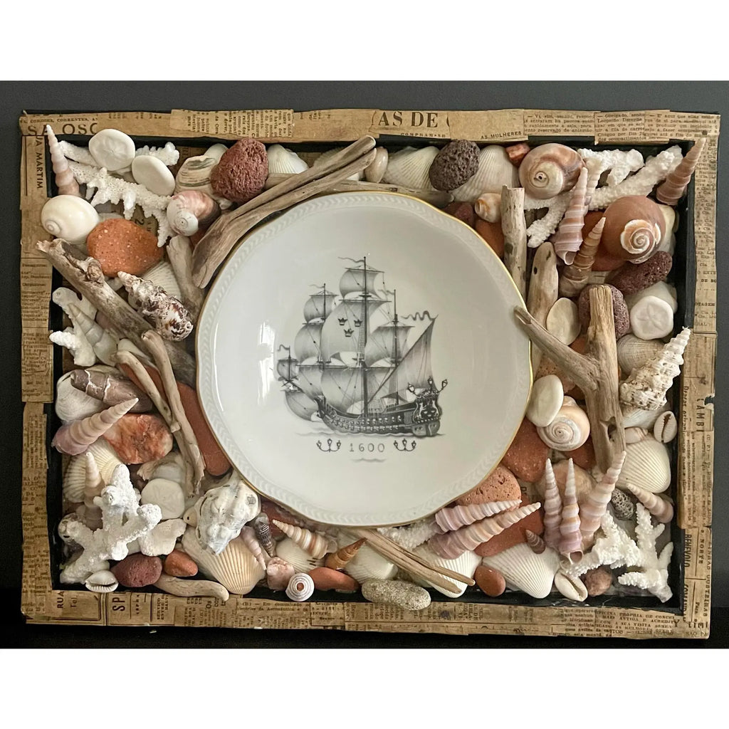 Vintage Maritime Shadowbox With Shells & Porcelain Galleon Plate