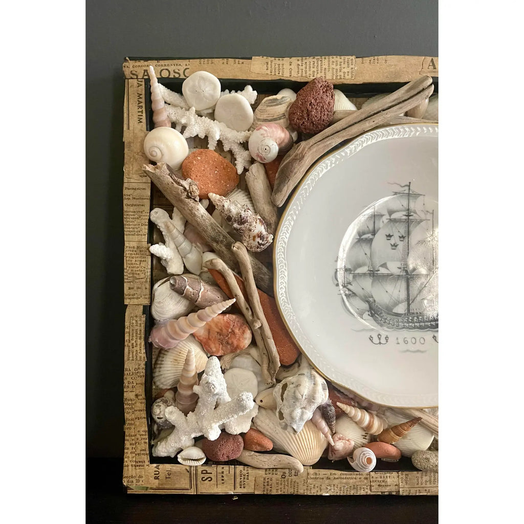 Vintage Maritime Shadowbox With Shells & Porcelain Galleon Plate