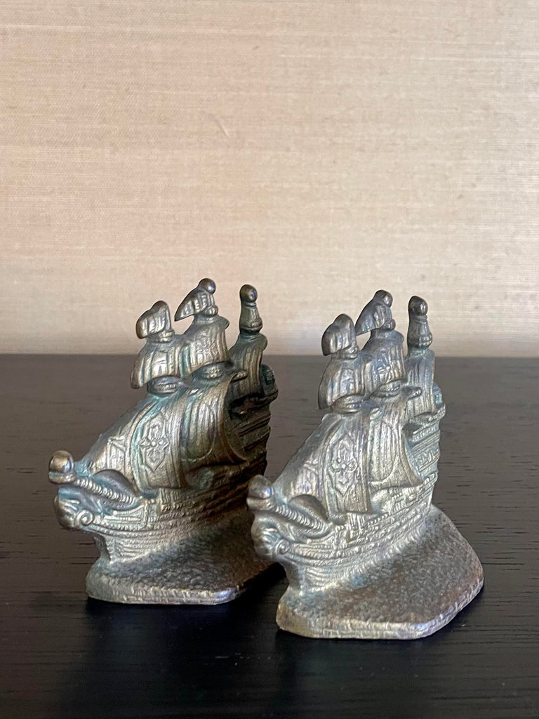Vintage Solid Metal Pirate Ship Bookends- a Pair