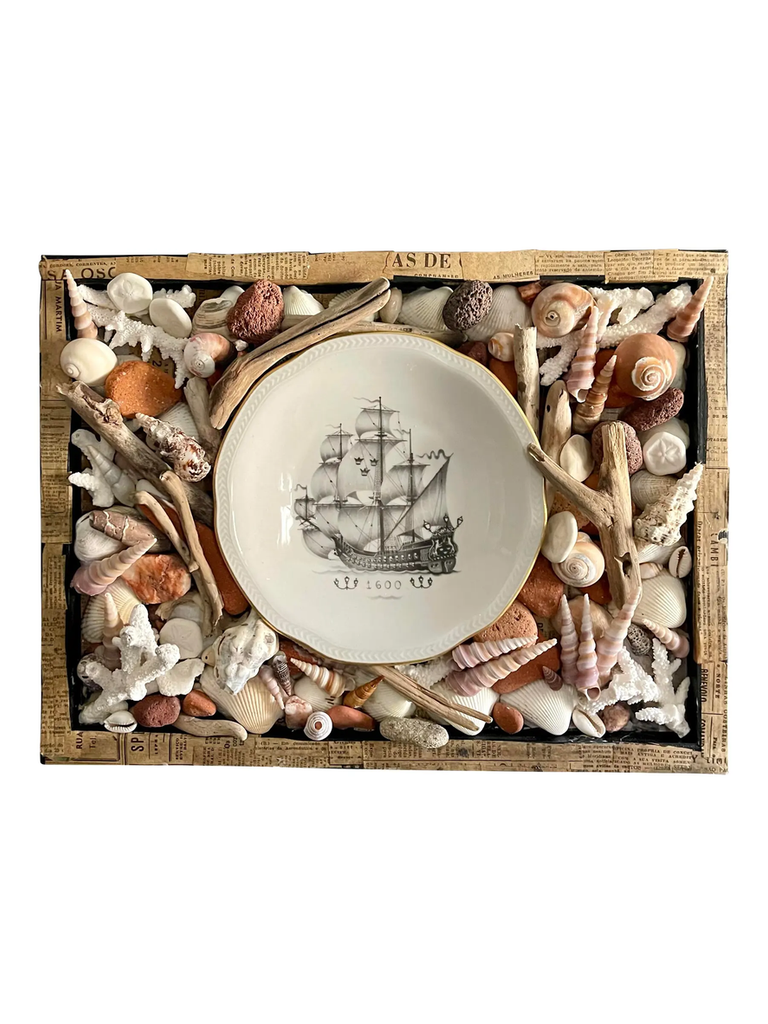 Vintage Maritime Shadowbox With Shells & Porcelain Galleon Plate